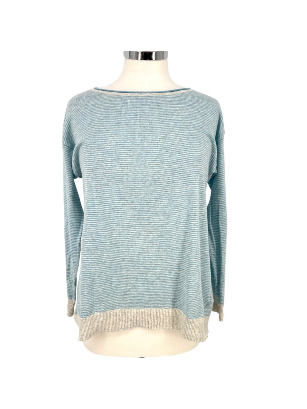 Margaret O'Leary Fine Stripe Coastal Blue Gray Sweater Size XS Quiet Luxury